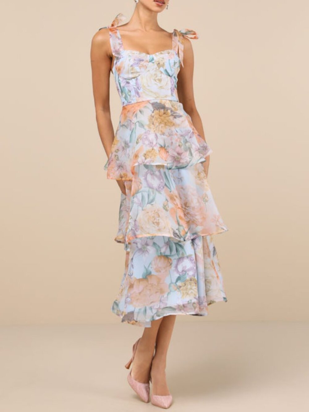 Lulus Playfully Posh Blue Floral Organza Tie-strap Tiered Midi Dress - Size M